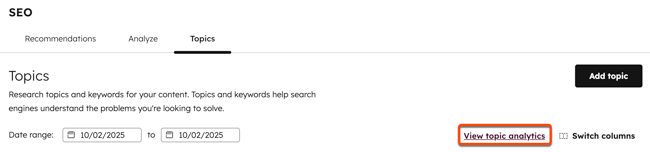 On the SEO page, the Topics tab is visible. A box is placed around the View topic analytics link.