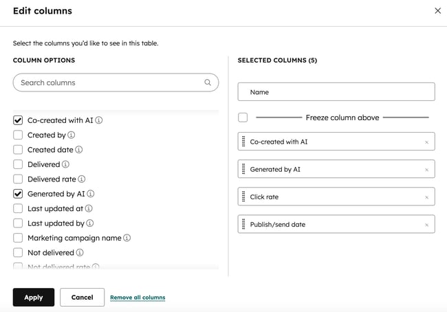 Screenshot of the column editor for SMS messages.