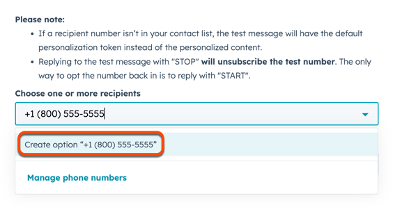 Screenshot of the test message right panel. The option to create a new phone number option is highlighted.