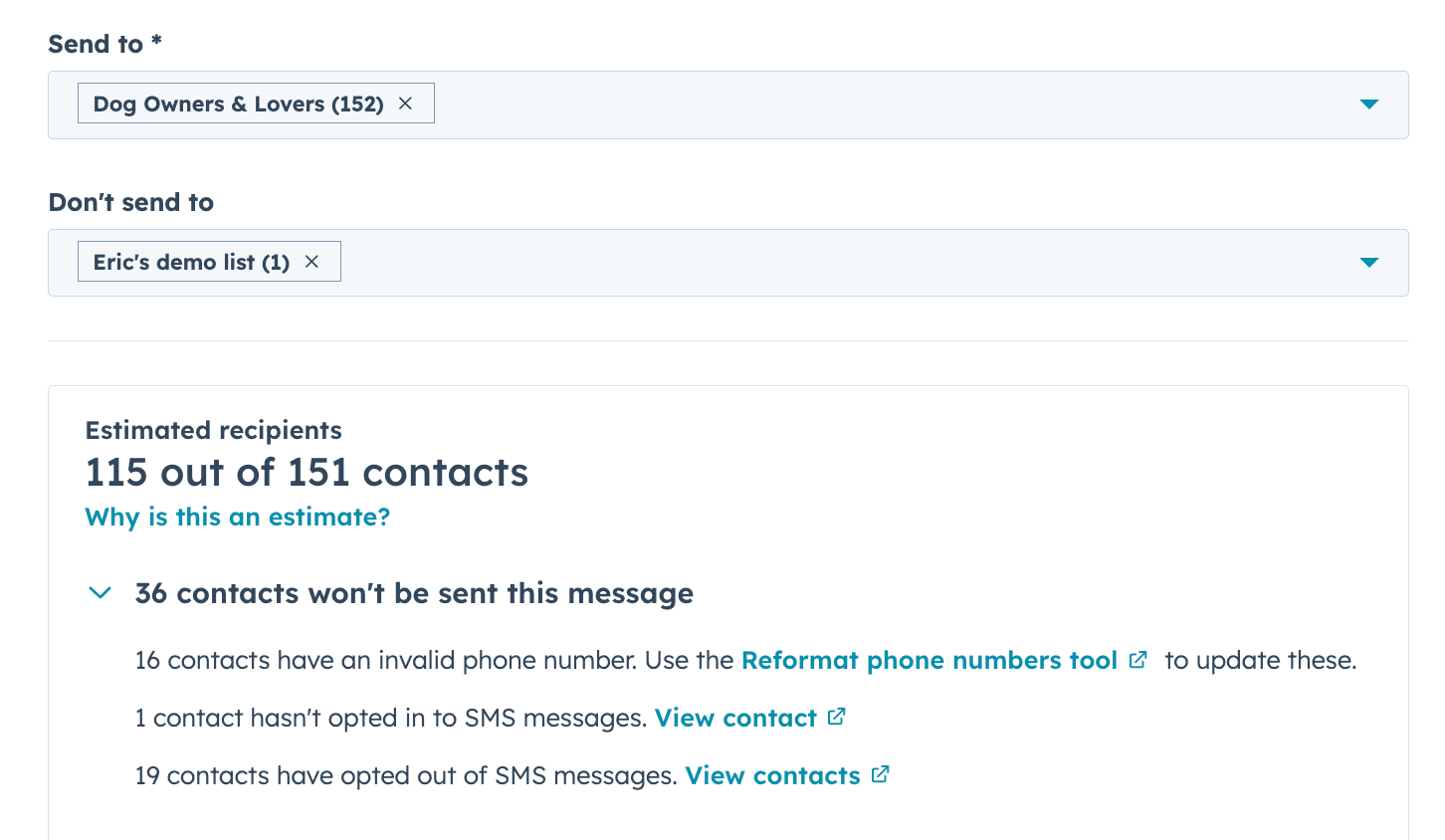 Screenshot of the SMS editor. The "Send to" and "Don't send to" menus are visible, as is the "...contacts won't be sent this message" section.