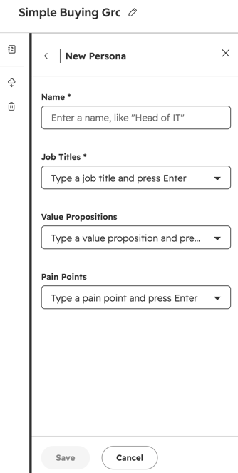 The New Persona form for creating a persona in the buying group template editor. The form shows required fields for Name and Job Titles, and optional fields for Value Propositions and Pain Points.