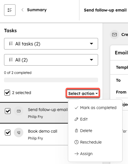 The task list, showing the checkboxes next to both tasks selected. The Select action dropdown menu has been clicked, and displays options for taking bulk actions.