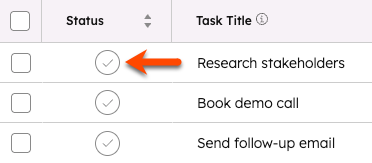 A list of tasks, with a checkbox for each task under the Status column. The checkbox for the first task is highlighted with an arrow.