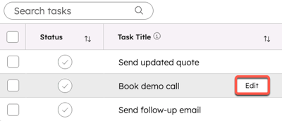 A list of tasks, with the Edit button highlighted for the Book demo call task.