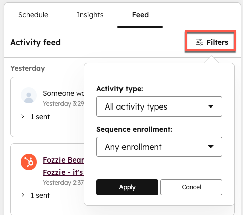 Image of the activity feed in the sales workspace, showing the filter options for activity type and sequence enrollment