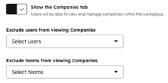 Permission settings for showing companies in the sales workspace. The Show the Companies tab switch is turned on.