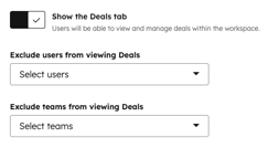 Permission settings for showing deals in the sales workspace. The Show the Deals tab switch is turned on.