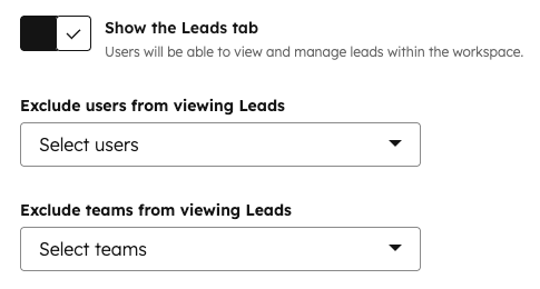 Permission settings for showing leads in the sales workspace. The Show the Leads tab switch is turned on.