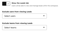 Permission settings for showing leads in the sales workspace. The Show the Leads tab switch is turned on.