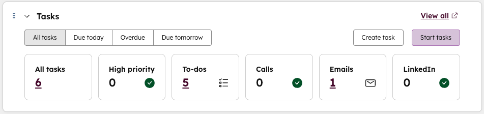 Image of the tasks summary card in the sales workspace summary tab showing the filters and task categories.