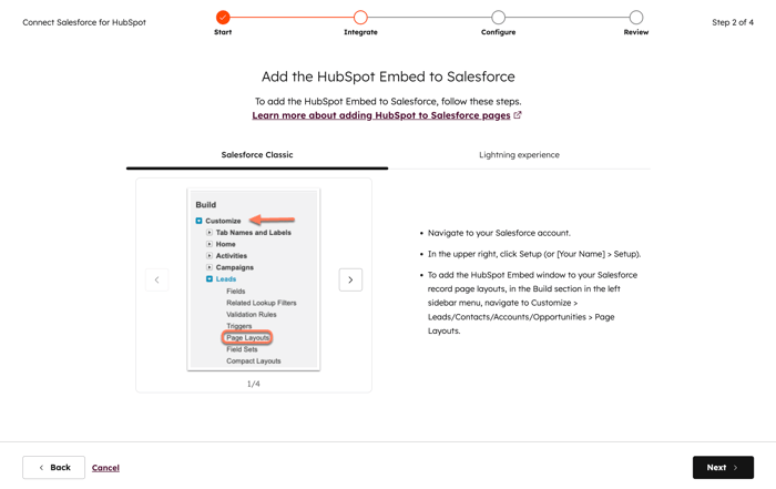 Salesforce installation, showing the option to add the HubSpot embed to Salesforce.
