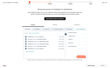 Salesforce installation, showing the option to add the HubSpot embed to Salesforce.