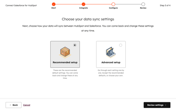 Salesforce installation, showing the option to choose your data sync settings as the recommended setup or the advanced setup.