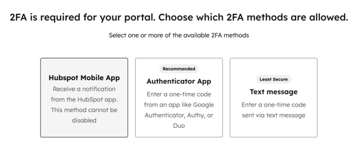 Screenshot showing the page to choose the 2FA methods that are allowed for your HubSpot account.