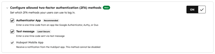 Screenshot showing the Configure allowed 2FA methods toggle in HubSpot