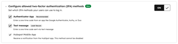 Screenshot showing the Configure allowed 2FA methods toggle in HubSpot