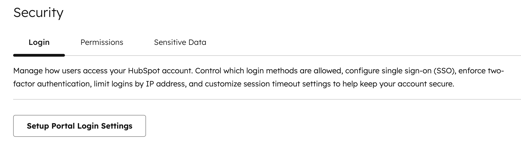 screenshot showing the setup portal login settings button in HubSpot