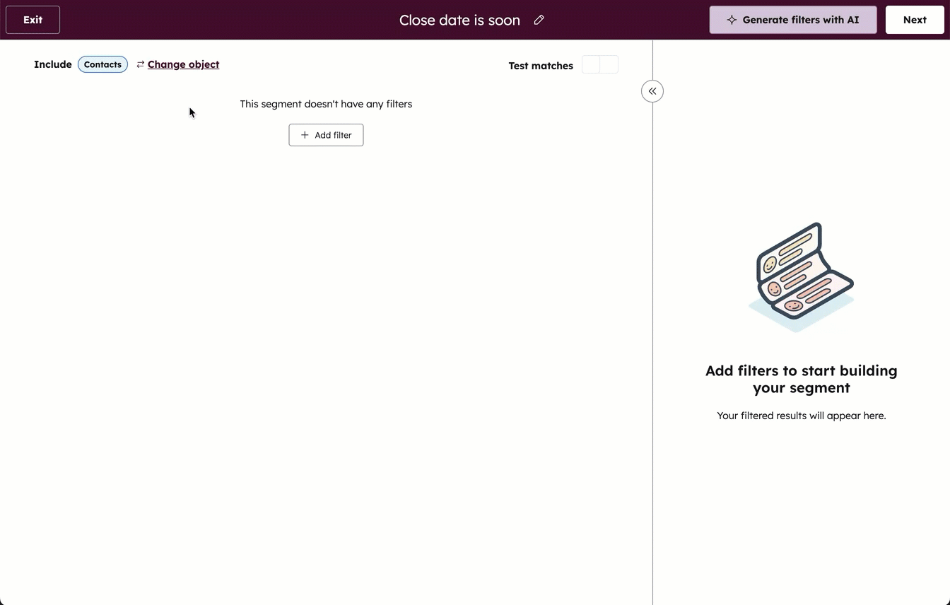GIF displaying deal segment configuration. The user selects close date is less than 7 days from now.