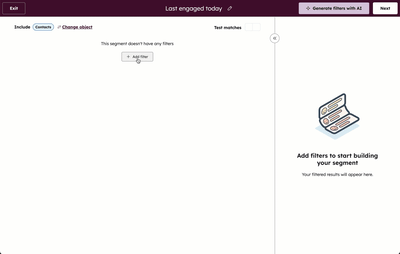 GIF displaying contact segment configuration. The user selects last engagement date property is today.