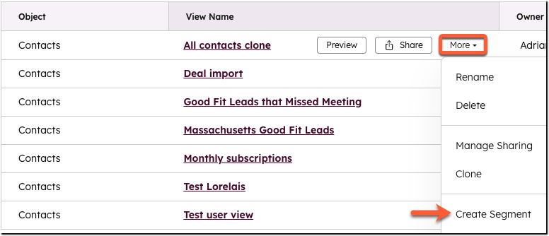 criar segmento a partir da exibição
