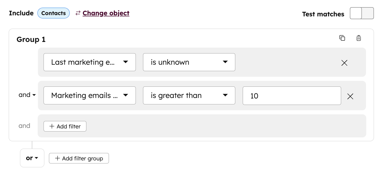 Screenshot of a segment filtering for last marketing email open date is unknown and Marketing emails delivered is greater than 10.