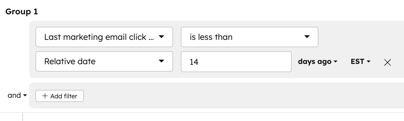 Screenshot of a segment with criteria for Last marketing email click date is less than 14 days ago.