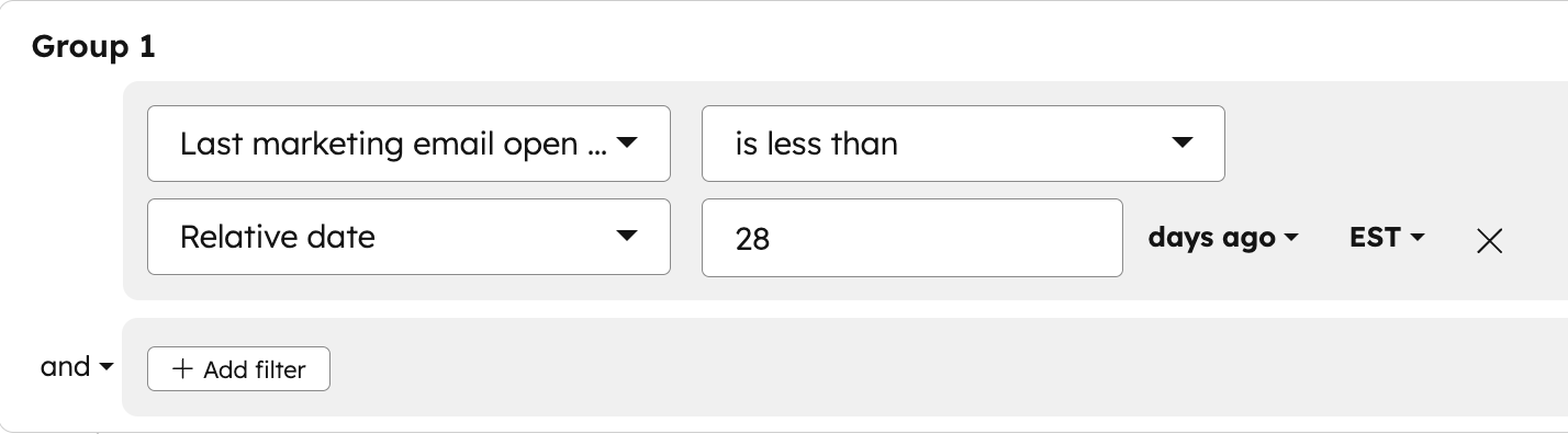Screenshot of a segment with criteria for Last marketing email open date is less than 28 days ago.