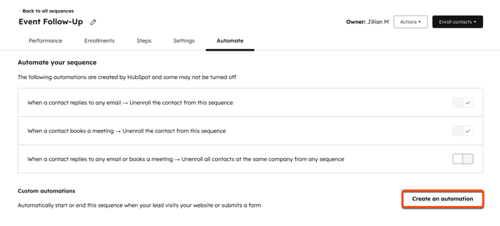 The sequences tool, displaying the Automate tab, automation settings, and the option to create a custom automation.