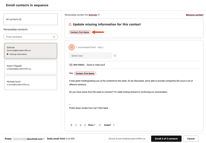 The sequences tool, showing contact enrollment and highlighting missing information for a contact property value.
