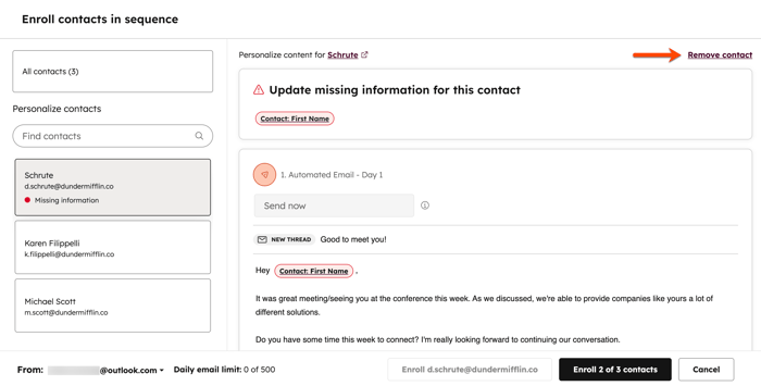 The sequences tool, showing contact enrollment and highlighting the "remove contact" option for a contact who is missing information.
