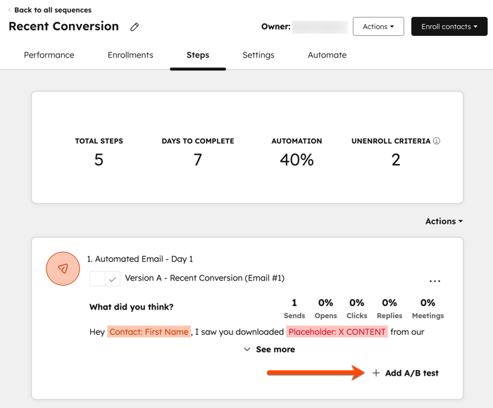 The sequences editor, showing an automated email as the first step. An arrow highlights the + Add A/B test button at the bottom of the sequence step.