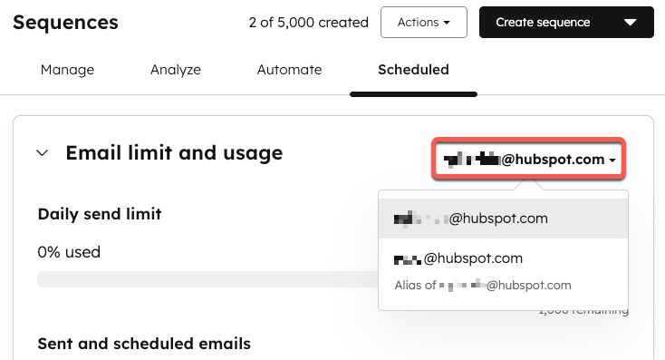 The Scheduled tab for sequences, displaying the Email limit and usage report. The dropdown menu in the top right has been selected, showing two email addresses to choose from.