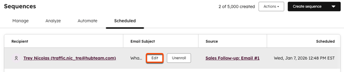 The Scheduled tab for sequences. An arrow highlights the Edit button, visible when hovering the cursor over a listed recipient.
