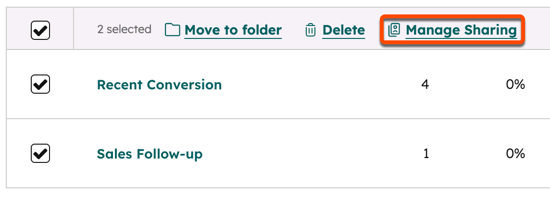 The sequences index page, with the checkboxes next to all sequences selected. The Manage Sharing button at the top right is highlighted.