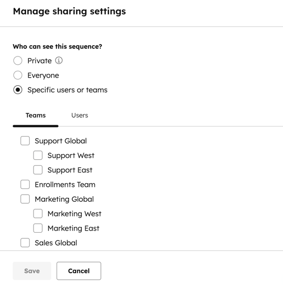 The Manage sharing settings sidebar, showing Who can see this sequence? set to Specific users or teams. The Teams tab is selected, with a checkbox for each team.