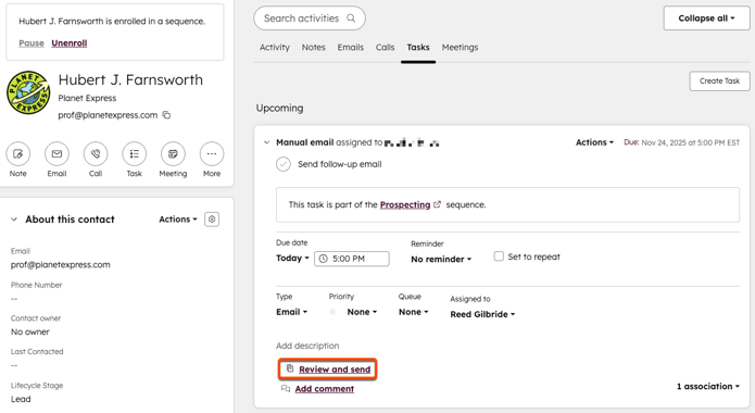 A contact record, showing an upcoming Manual email task on the activity timeline. On that task, the Review and send link is highlighted.