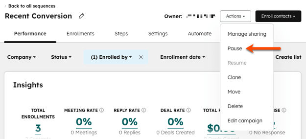 Auf der Detailseite der Sequenzen für die Sequenz "Letzte Conversion". Die Schaltfläche Aktionen oben rechts wurde angeklickt und die Option Pausieren ist hervorgehoben.