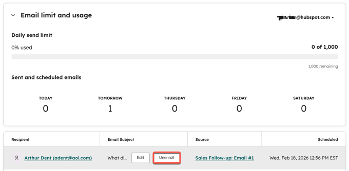A scheduled email for a sequence enrollment, under the Email limit and usage report. The Unenroll button for the scheduled email is highlighted.