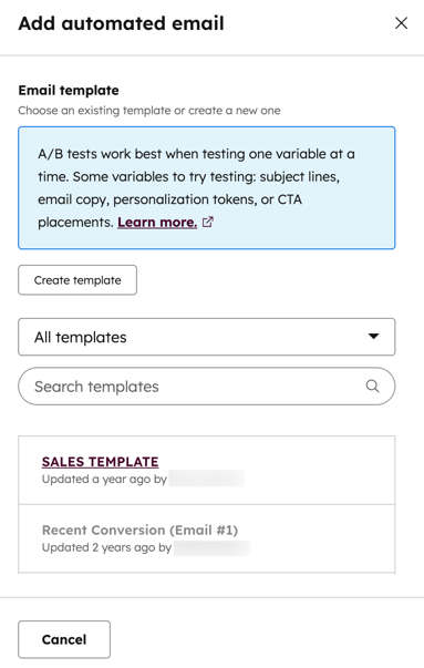 The Add automated email sidebar, showing a list of templates that can be searched and selected for the B version of an A/B test.