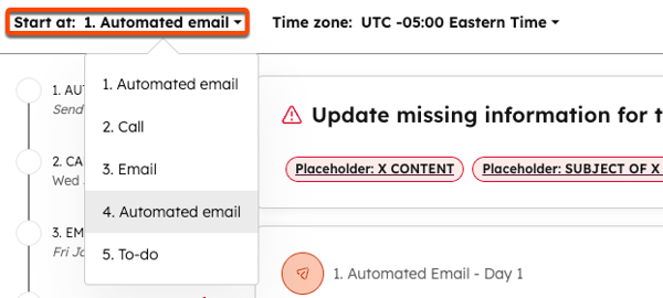 The sequence enrollment screen, with the Start at dropdown menu selected and highlighted.