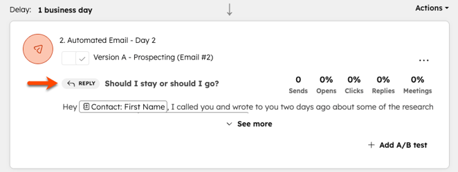 An automated email in the sequences editor, with an arrow highlighting the REPLY icon next to the name of the email.