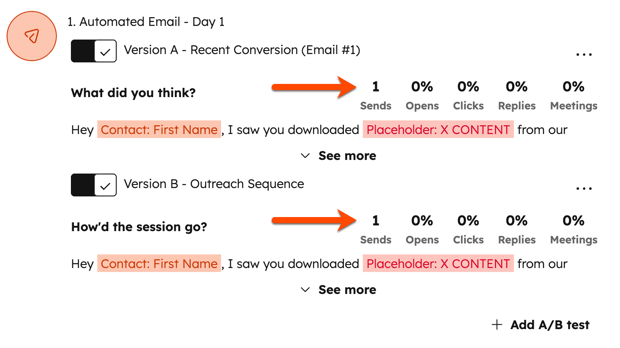 An automated email step in the sequences editor, with two versions of the A/B test turned on. Arrows highlight the email engagement statistics for the two versions.