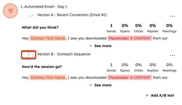 An automated email step in the sequence editor, with a box highlighting the Version B switch to turn on that version of the A/B test.