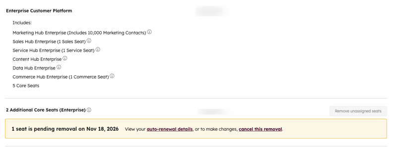 Subscription page showing a warning that one Core Seat removal is pending with an option to cancel