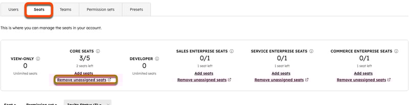 The Seats section of the Users & Teams tab, emphasizing the link to remove unassigned seats.