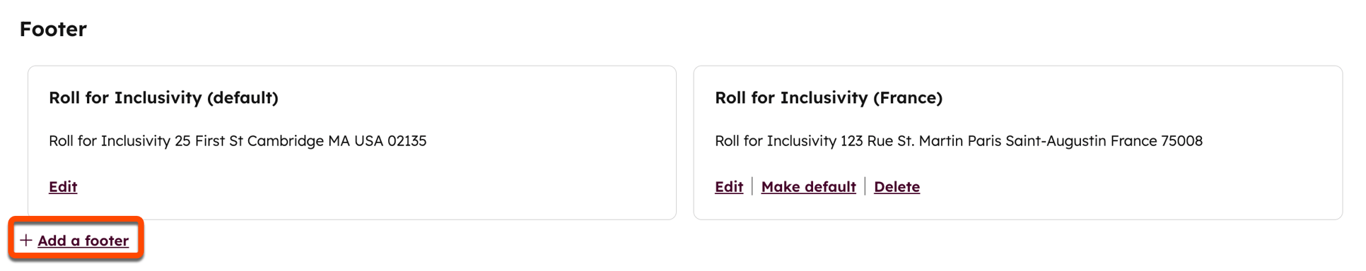 Screenshot of marketing email settings. The Add a footer button in the Footer section is highlighted.