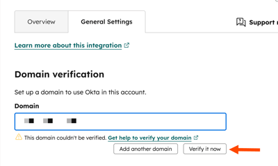 Registerkarte "Allgemeine Einstellungen" mit einem Feld für die Domain und der Schaltfläche "Jetzt verifizieren".