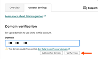 General Settings tab with a Domain field and Verify it now button.