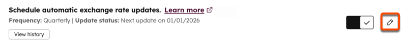 The Edit icon for the active Schedule automatic exchange rate updates.