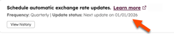 Automatic exchange rate updates scheduled quarterly, and the next update date.